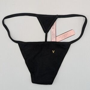 Victoria's Secret Black Cotton V-String Thong Panty Gold V Hardware Small NWT